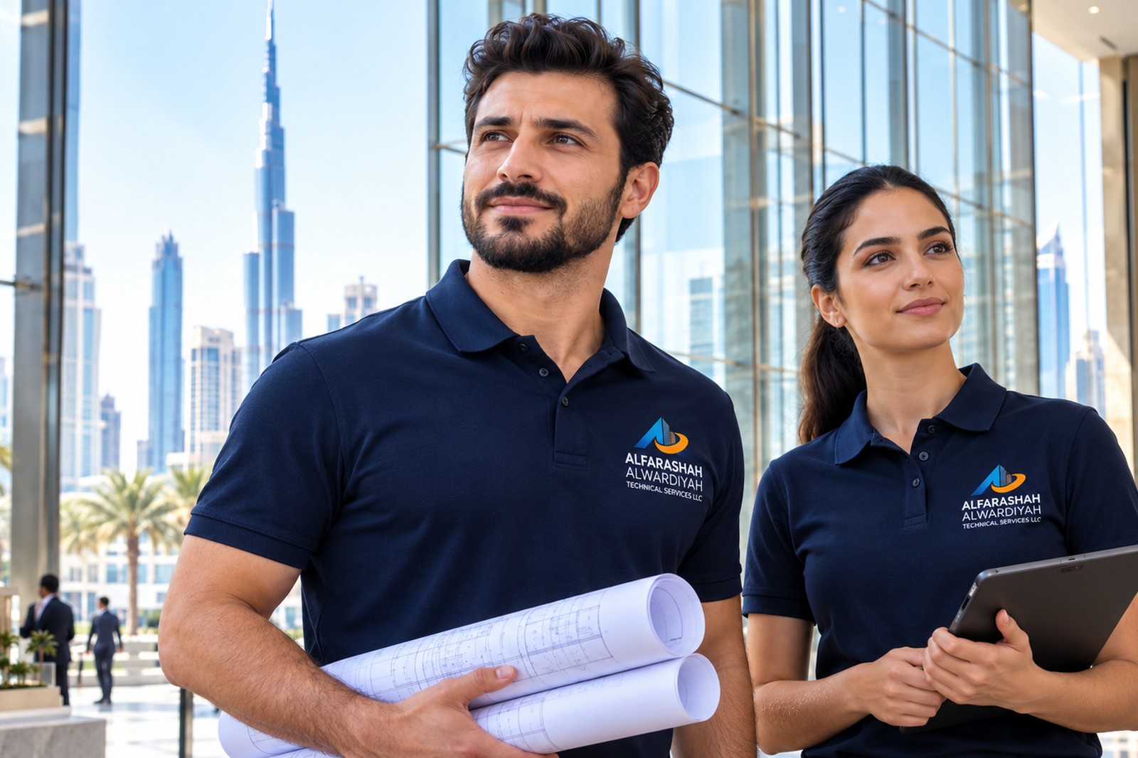 Technical engineering specialists reviewing architectural plans for UAE building maintenance