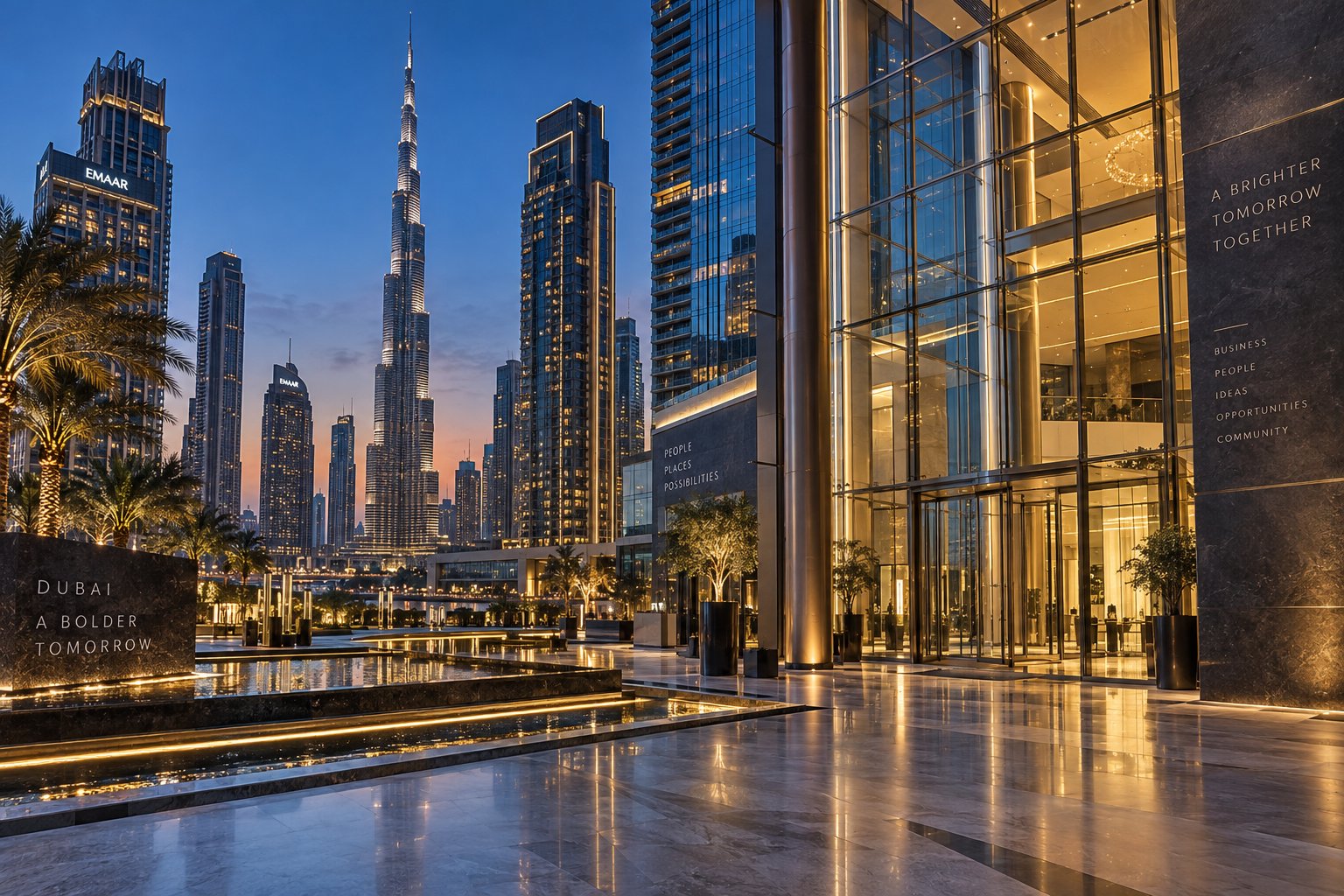 Modern Dubai commercial skyscrapers and waterfront architecture at twilight in the United Arab Emirates